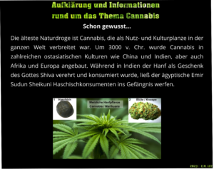 Schon gewusst... Die älteste Naturheilpflanze ist Cannabis! Eine Grafik mit Text AUFKLÄRUNG und INFORMATIONEN rund um das Thmea Cannabis. Schon gewusst... Die älteste Naturdroge ist Cannabis, die als Nutz- und Kulturplanze in der ganzen Welt verbreitet war. Um 3000 v. Chr. wurde Cannabis in zahlreichen ostasiatischen Kulturen wie China und Indien, aber auch Afrika und Europa angebaut. Während in Indien der Hanf als Geschenk des Gottes Shiva verehrt und konsumiert wurde, ließ der ägyptische Emir Sudun Sheikuni Haschischkonsumenten ins Gefängnis werfen.