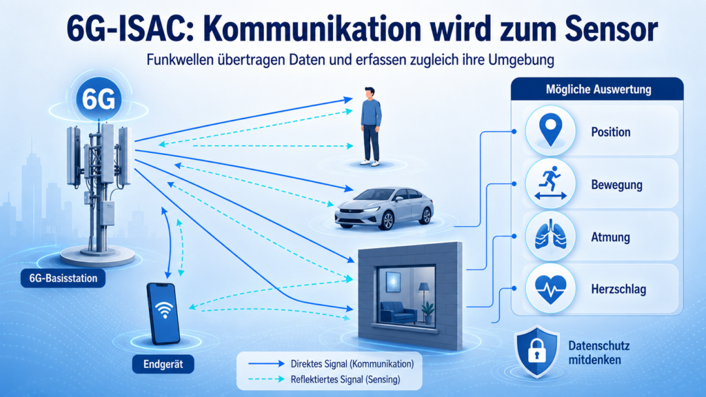 Infografik zu 6G-ISAC: Eine 6G-Basisstation sendet Funkwellen aus, die Menschen, Fahrzeuge, Gebäude und Endgeräte erfassen können. Dargestellt werden mögliche Auswertungen wie Position, Bewegung, Atmung und Herzschlag. KI-generierte Illustration.