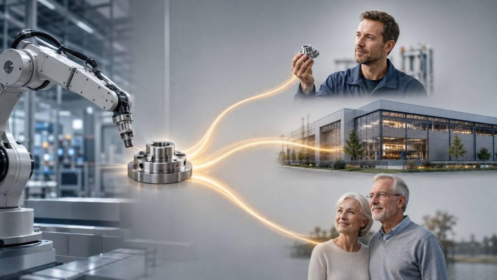 Robotik in Deutschland: Ein Industrieroboter fertigt ein Metallbauteil; Lichtlinien führen zu einem Facharbeiter, einem Unternehmen und einem älteren Paar.
